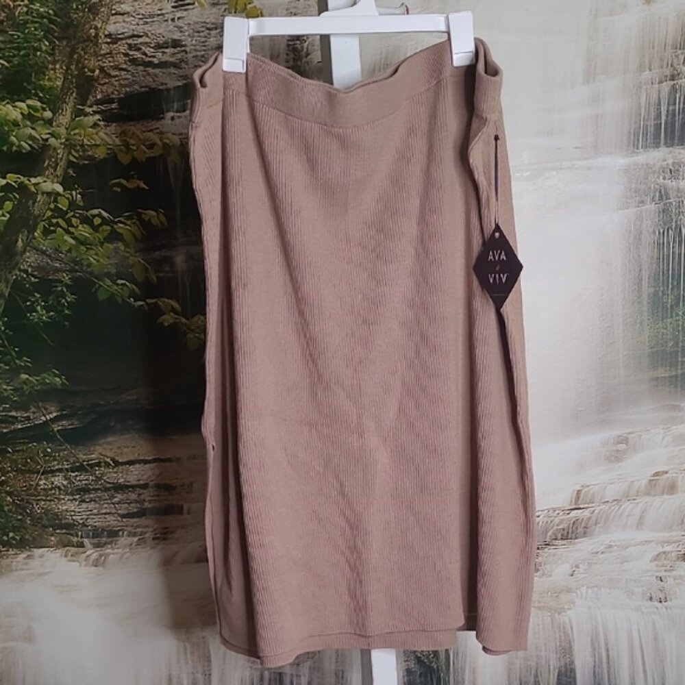 New! Ava & Viv Womens 2X midi ribbed sweater pencil skirt tan with side slit